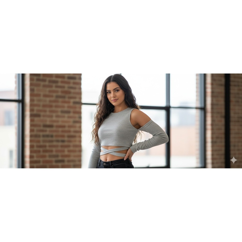 New Pretty Little Thing Gray Cold Shoulder Crop Ribbed Long Sleeve Top Cross 4 S